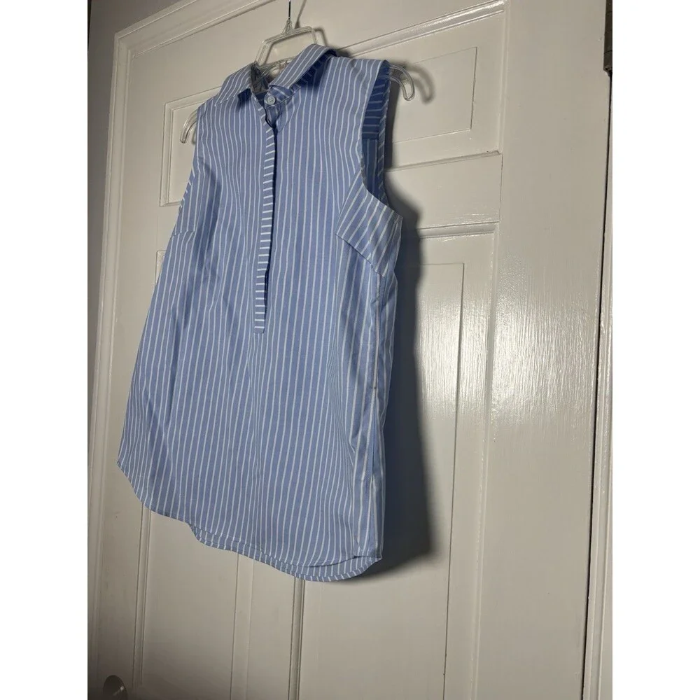 Talbots Shirt Women’s 6 Blue White Striped Slvless Button Collared 100 % Cotton - Picture 2 of 8